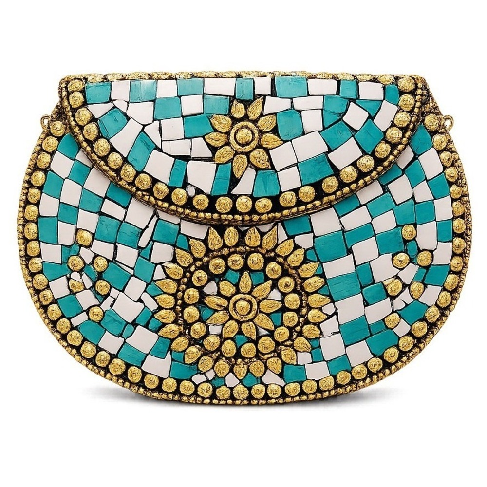 Ramla Handmade Mosaic Stone Clutch Crossbody Bag Moroccan Turquoise Gold NEW